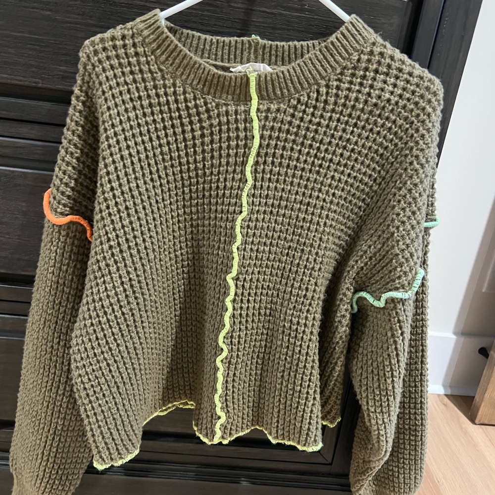 Olive Green Waffle Knit Sweater with Contrast Trim